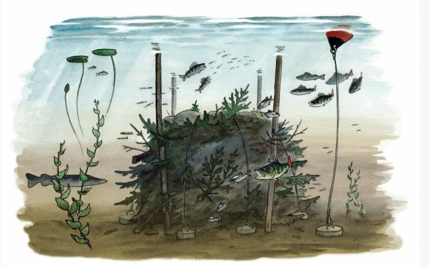 Illustration av en fiskevase under ytan